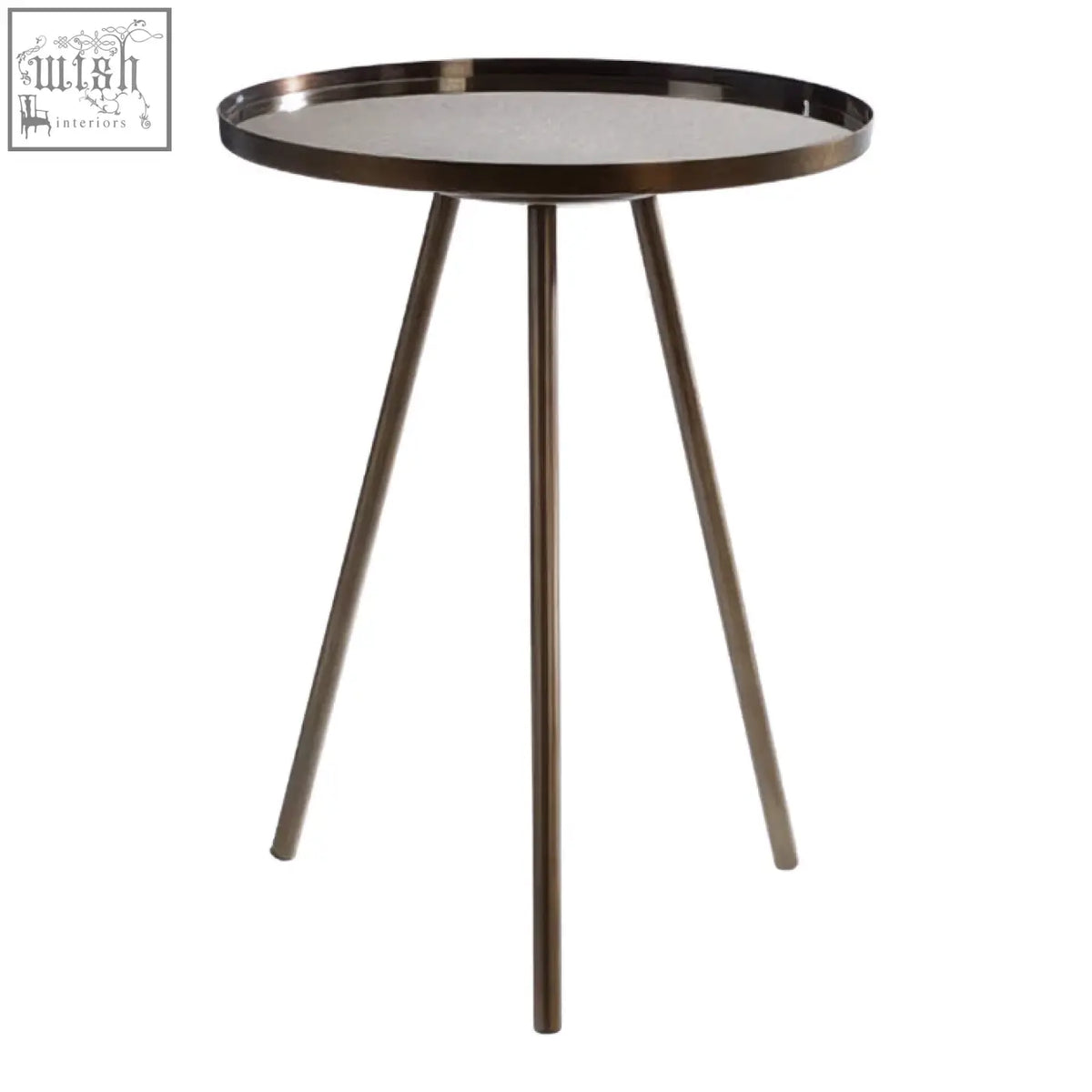 Modern corra black finish side table with a sleek metallic top and slender brushed bronze tripod legs