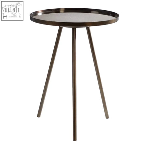 Modern corra black finish side table with a sleek metallic top and slender brushed bronze tripod legs