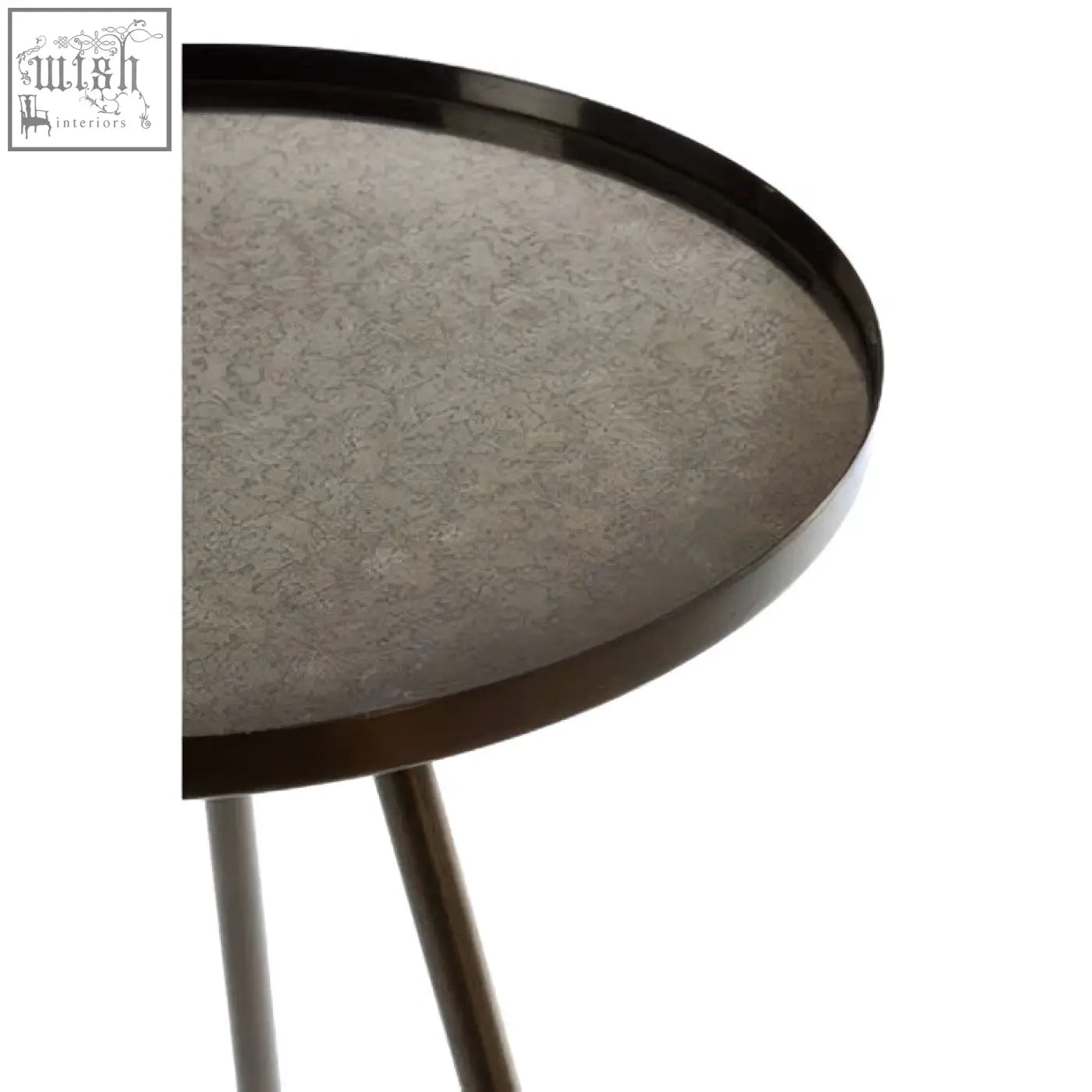 A sleek corra black finish side table with a round textured gray stone top and dark metal frame