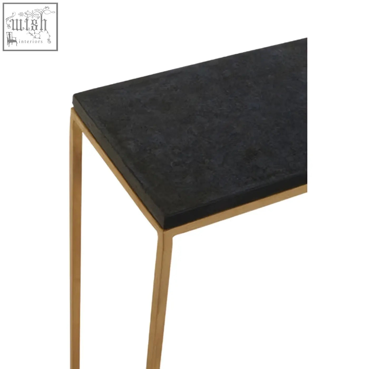 Corra marble console table with black marble top and slender gold tone metal legs for stylish entryways