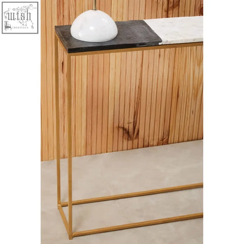Corra marble console table with gold frame and black and white marble top sleek modern marble console design
