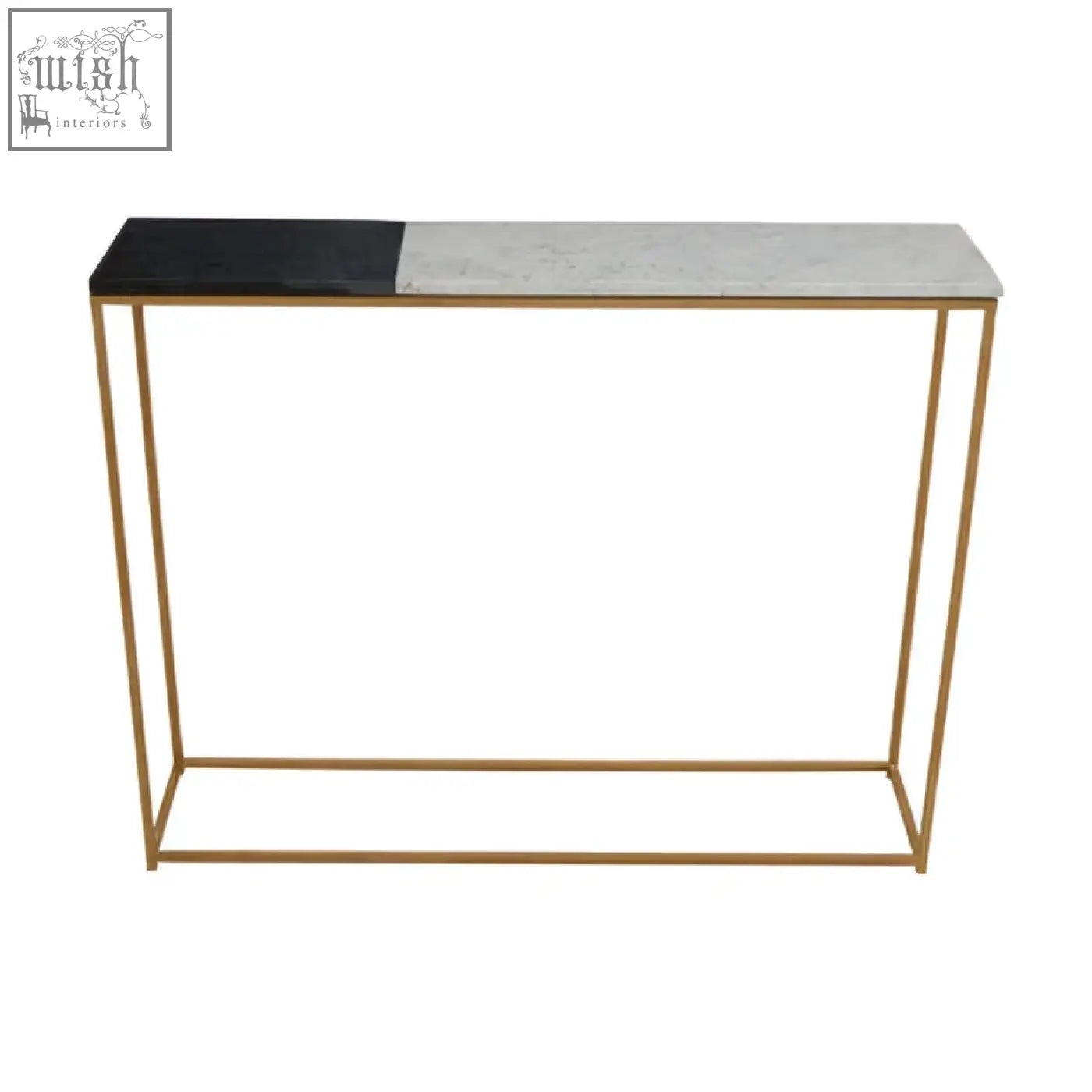 Corra marble console table with sleek black and white marble top and slender gold-toned metal legs for modern decor