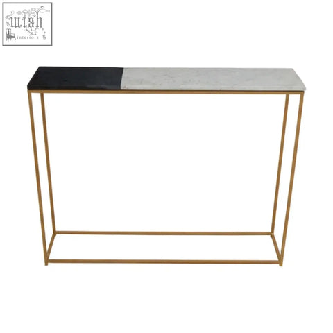 Corra marble console table with sleek black and white marble top and slender gold-toned metal legs for modern decor