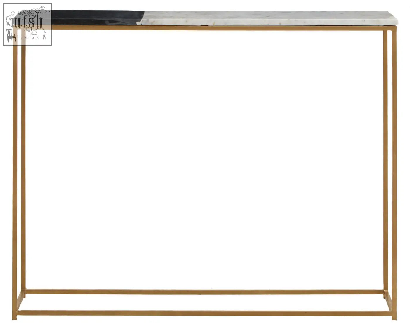 Corra marble console table with sleek gold metal frame and two-tone black and white marble console top