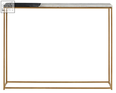 Corra marble console table with sleek gold metal frame and two-tone black and white marble console top