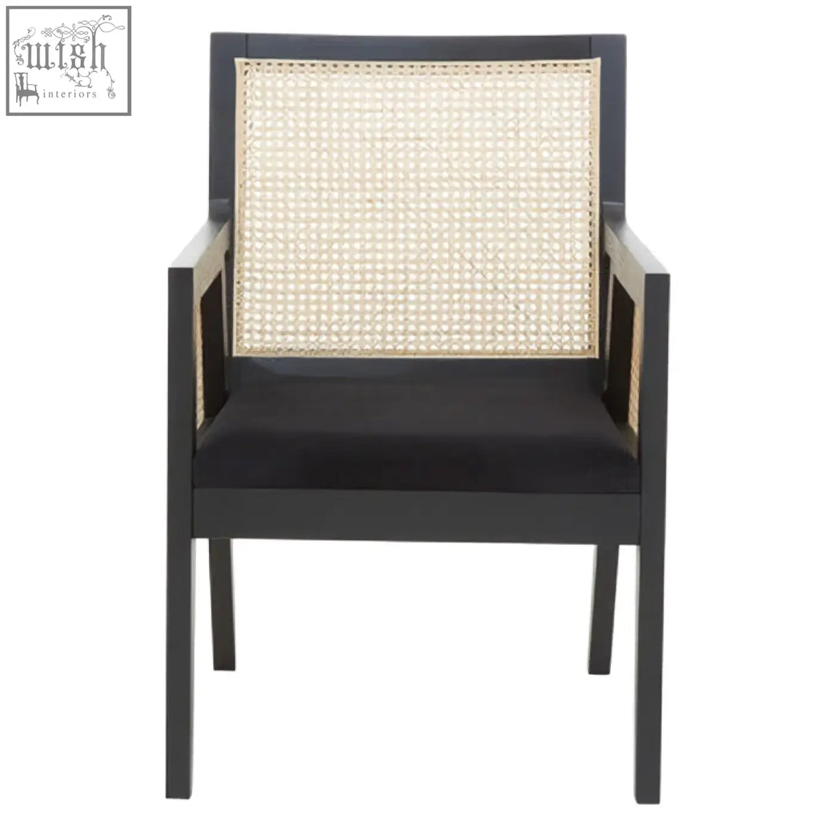 Black corso rattan chair with woven cane back and seat cushion and a sleek black frame