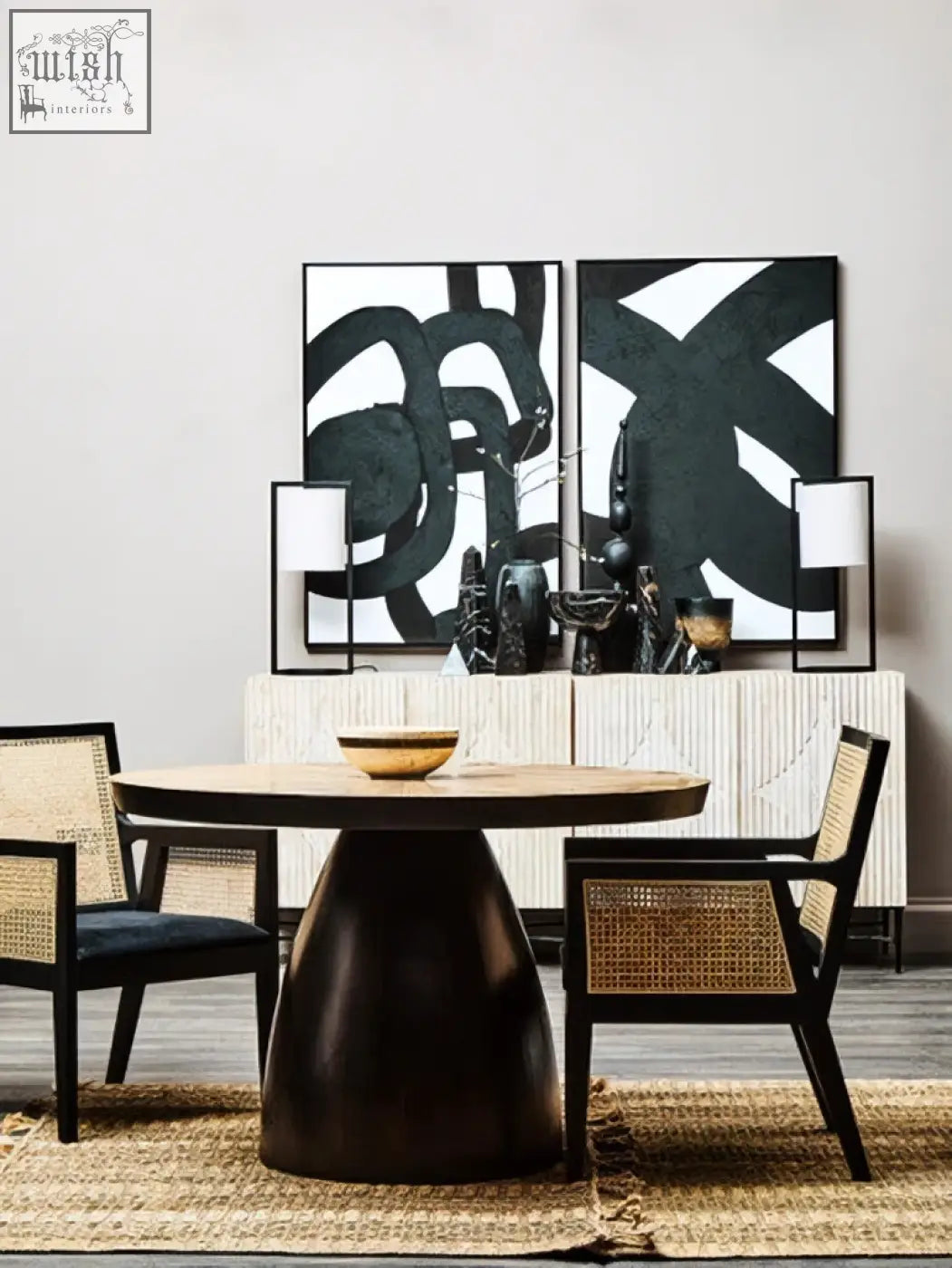 Dark wood pedestal dining table with round top paired with corso rattan chair featuring black frame and sleek design