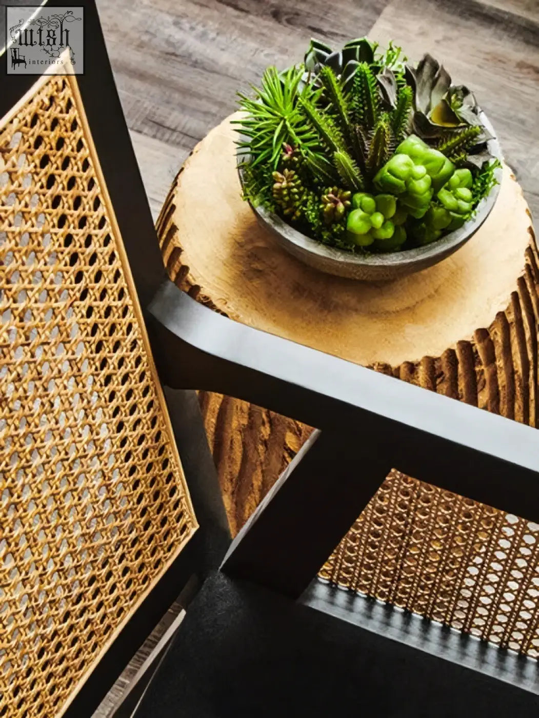 Rustic wooden bowl with vibrant green succulents shown next to a corso rattan chair with black frame