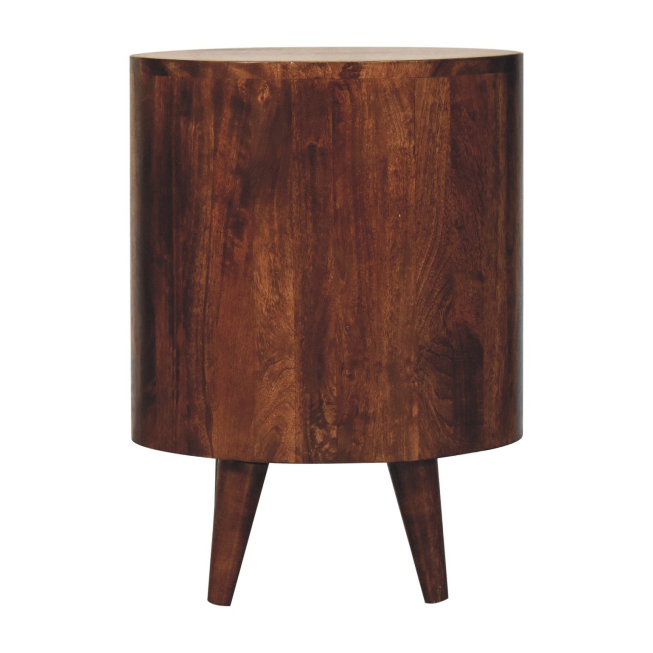 Dark brown california walnut cylindrical side table with three tapered legs perfect as a bedside table