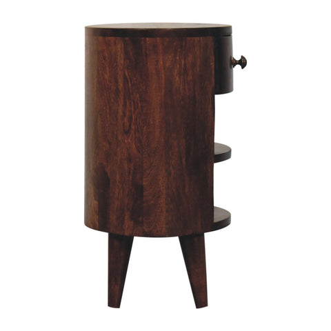 Dark brown california walnut cylindrical nightstand with single drawer and three open shelves on tapered legs