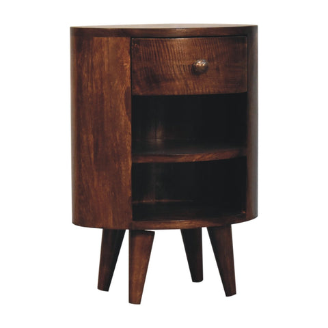 Dark brown california walnut bedside table with curved design, one drawer, brass knob, and two open shelves