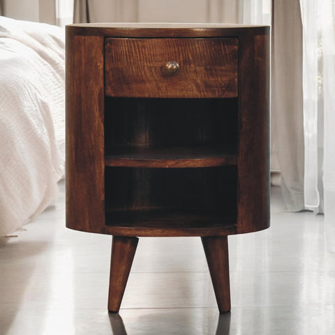 Dark brown california walnut bedside table with curved design single drawer and open shelves on tapered legs