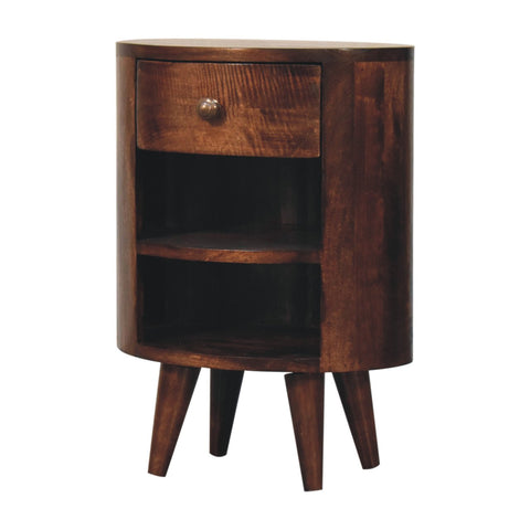 Dark brown california walnut bedside table with single drawer and two open shelves on tapered legs