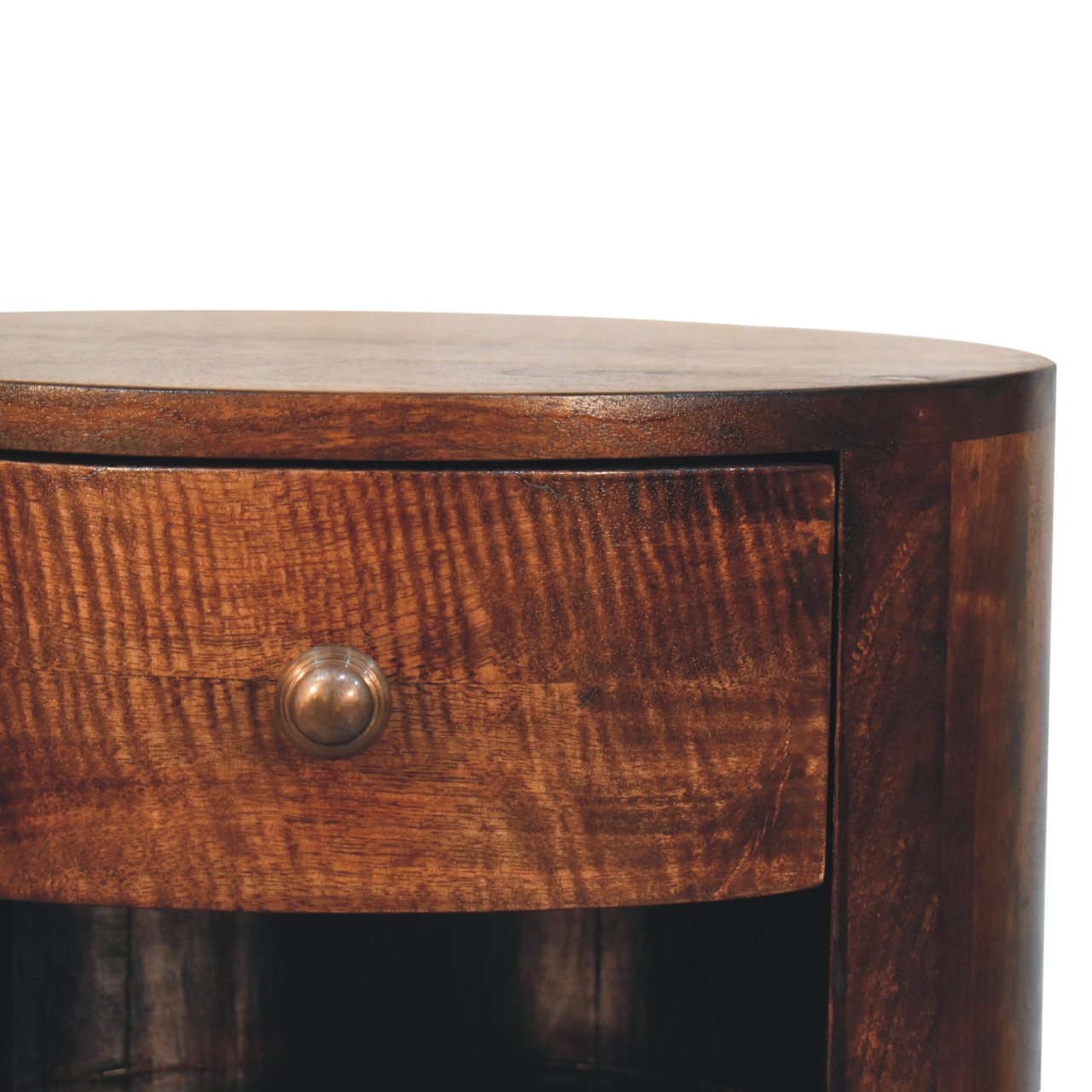 Dark brown california walnut nightstand with curved top and single drawer featuring brass knob cortez bedside table