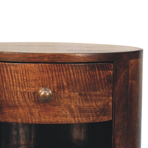Dark brown california walnut nightstand with curved top and single drawer featuring brass knob cortez bedside table