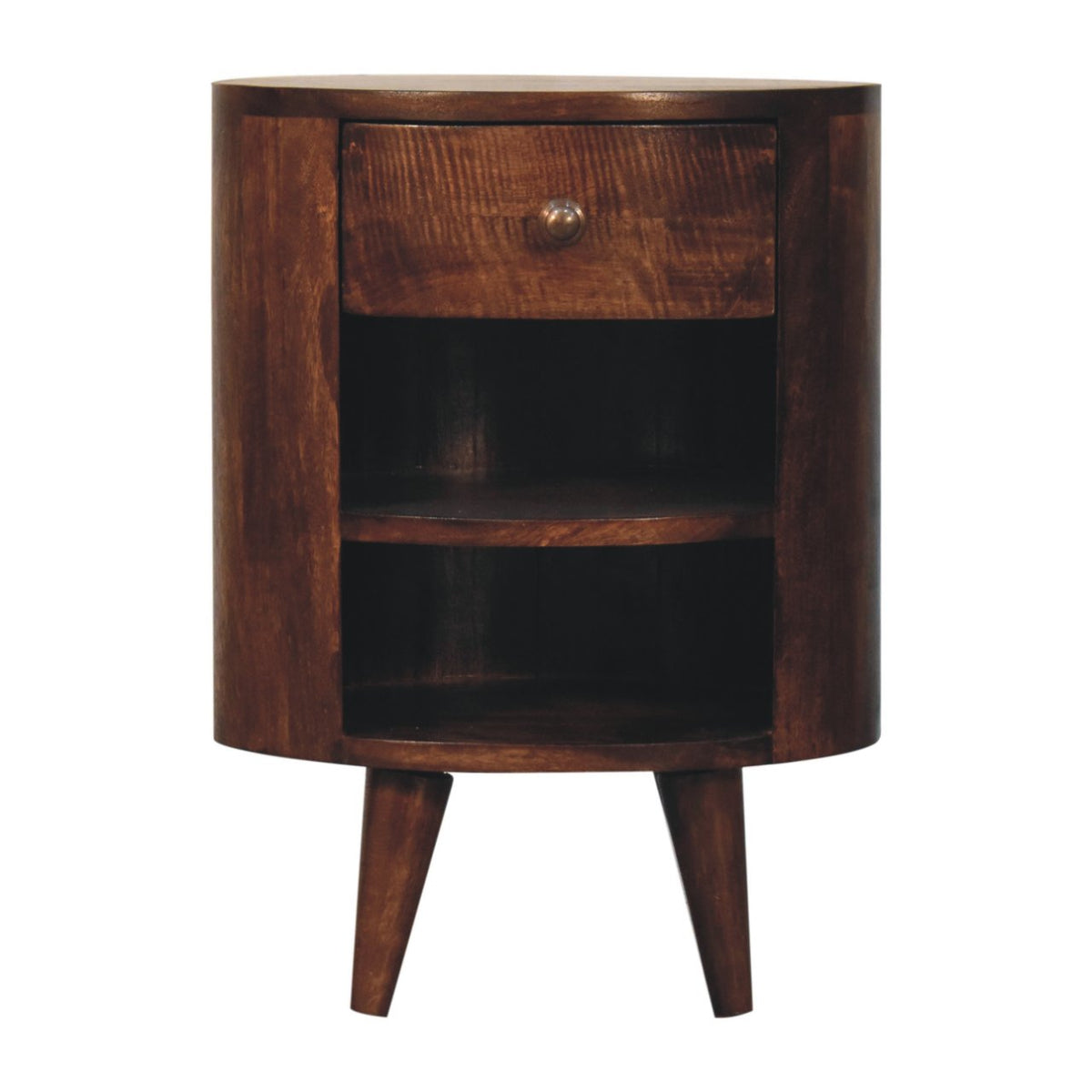 Dark brown california walnut bedside table with curved top, single drawer, round knob, and two open shelves