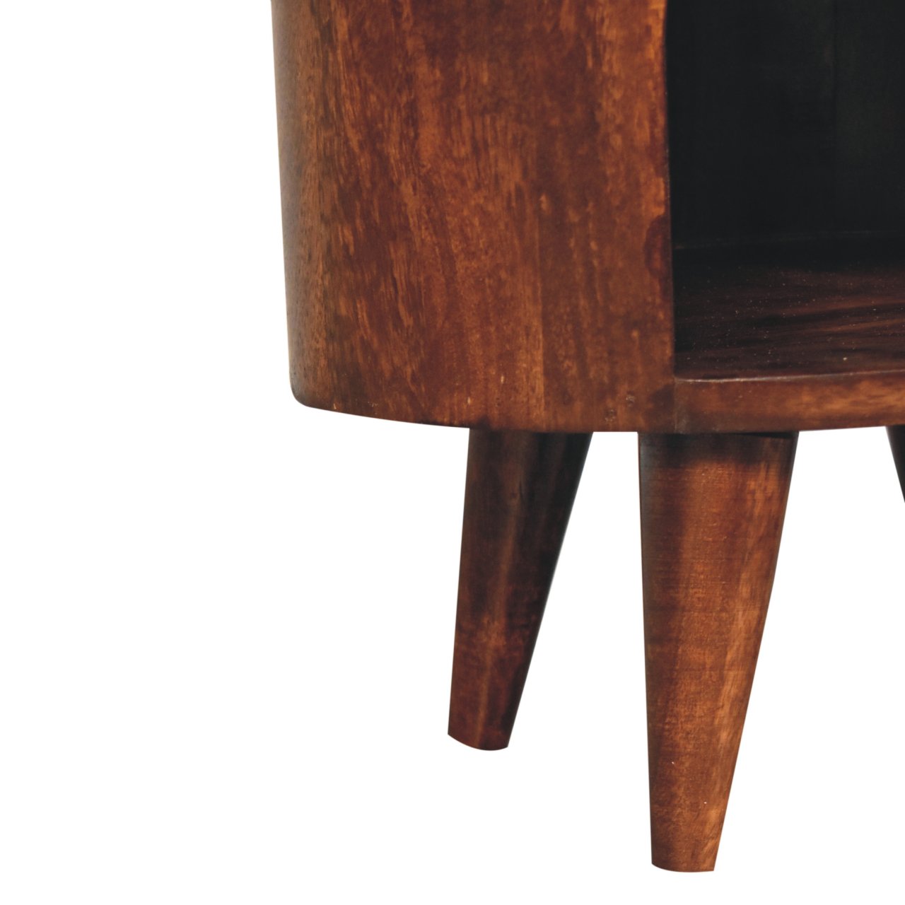 Rustic dark brown california walnut bedside table with tapered legs and visible wood grain finish