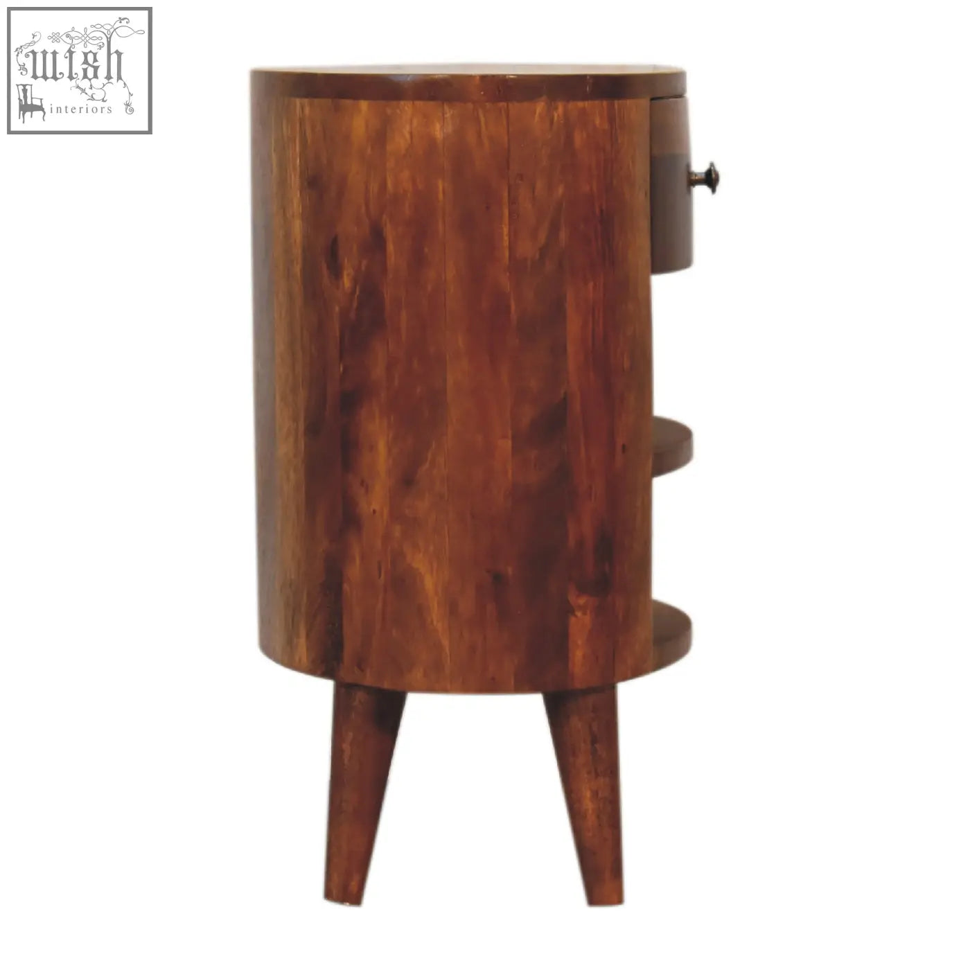 Rustic cortez chestnut bedside table with solid mango wood cylindrical design tapered legs and single drawer