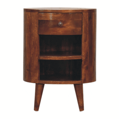 A sleek curved chestnut bedside table made of solid mango wood with one drawer and two open shelves