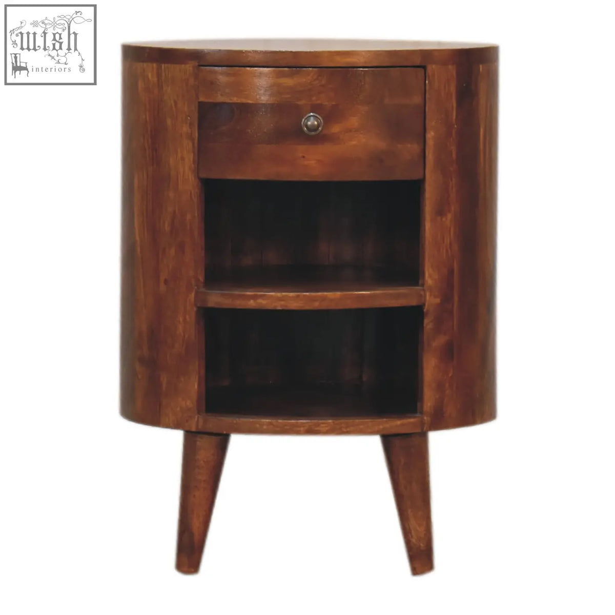 A sleek cortez chestnut bedside table in rich brown solid mango wood with tapered legs for stylish storage