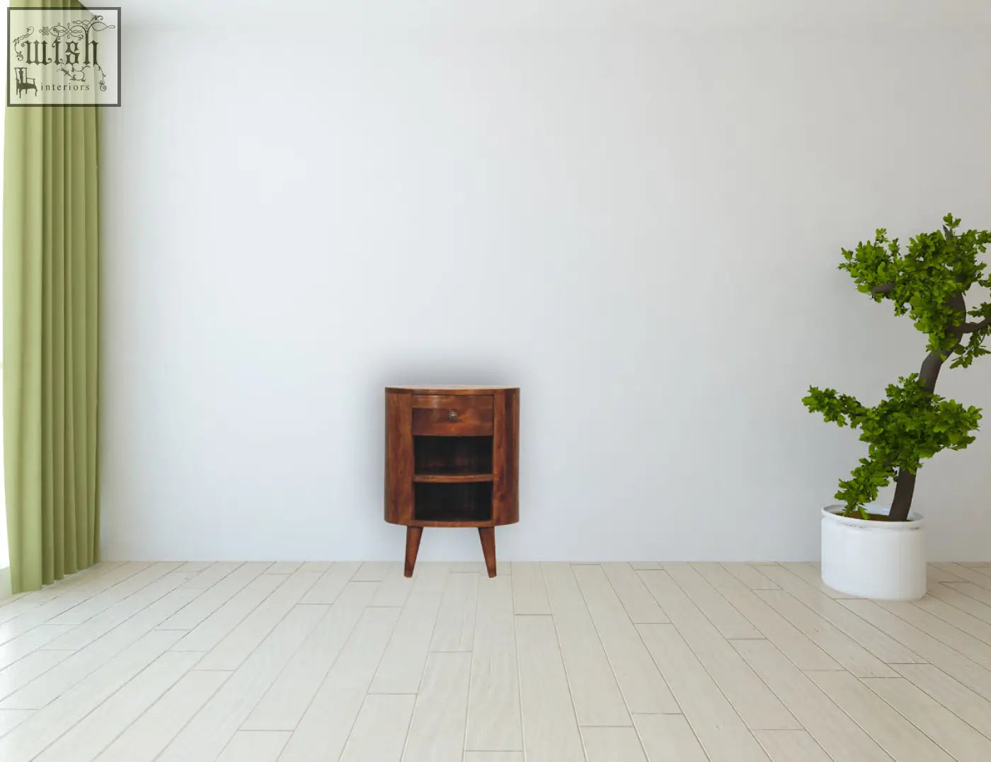 A sleek dark wood cortez chestnut bedside table with a drawer and open shelf made from solid mango wood