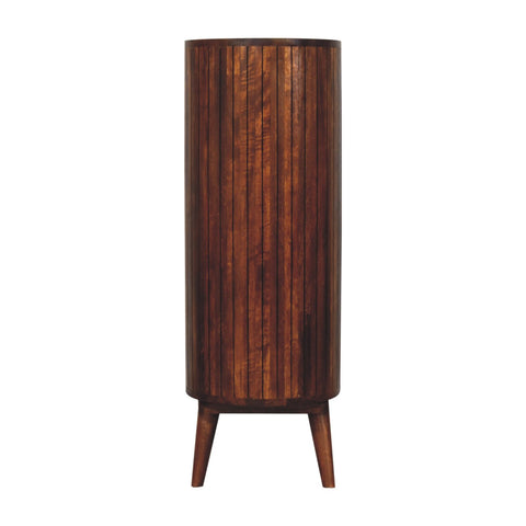 Dark brown wooden cortez chestnut open cabinet with vertical slats and tapered legs in a cylindrical shape