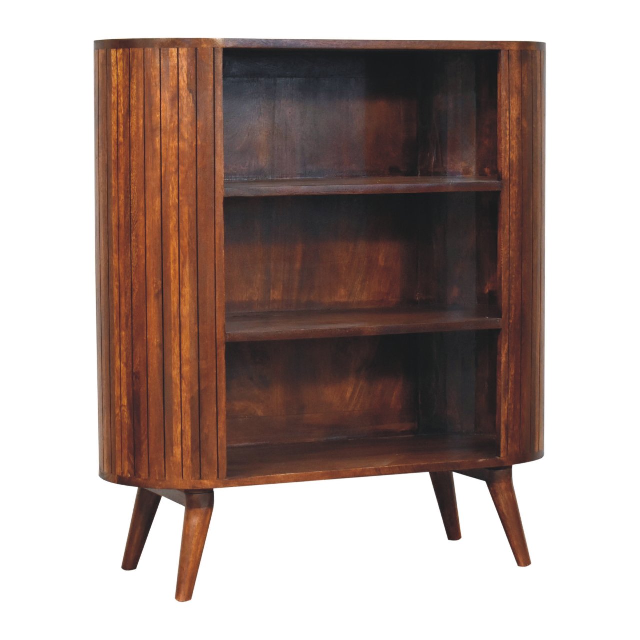 Mid-century modern cortez chestnut open cabinet with curved wooden bookshelf vertical slats and tapered legs