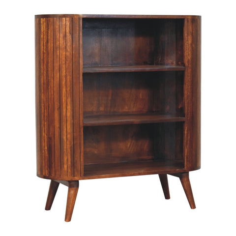Mid-century modern cortez chestnut open cabinet with curved wooden bookshelf vertical slats and tapered legs
