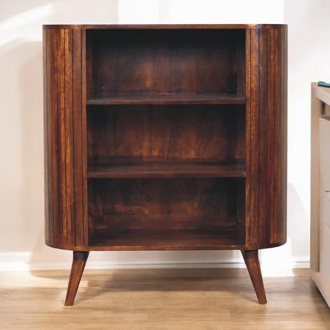 Cortez chestnut open cabinet mid-century modern curved wooden bookcase with vertical slats and tapered legs