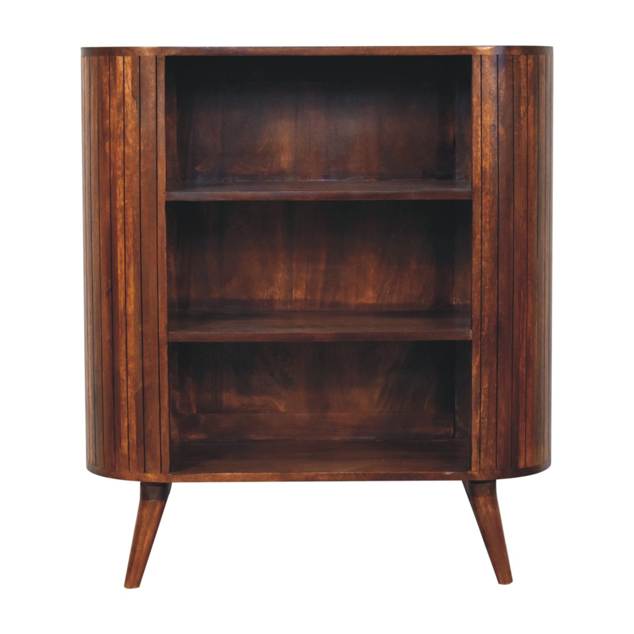 Mid-century modern cortez chestnut open cabinet with curved wooden bookcase vertical slats and tapered legs