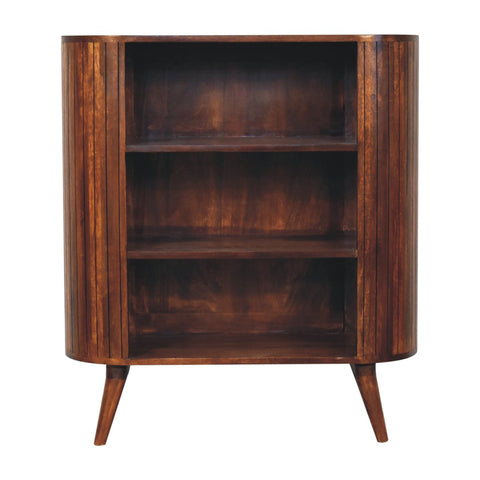 Mid-century modern cortez chestnut open cabinet with curved wooden bookcase vertical slats and tapered legs