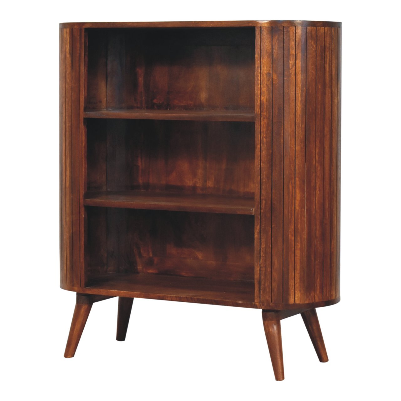 Mid-century modern wooden bookshelf with vertical slats and tapered legs in chestnut finish cortez open cabinet
