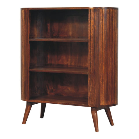 Mid-century modern wooden bookshelf with vertical slats and tapered legs in chestnut finish cortez open cabinet