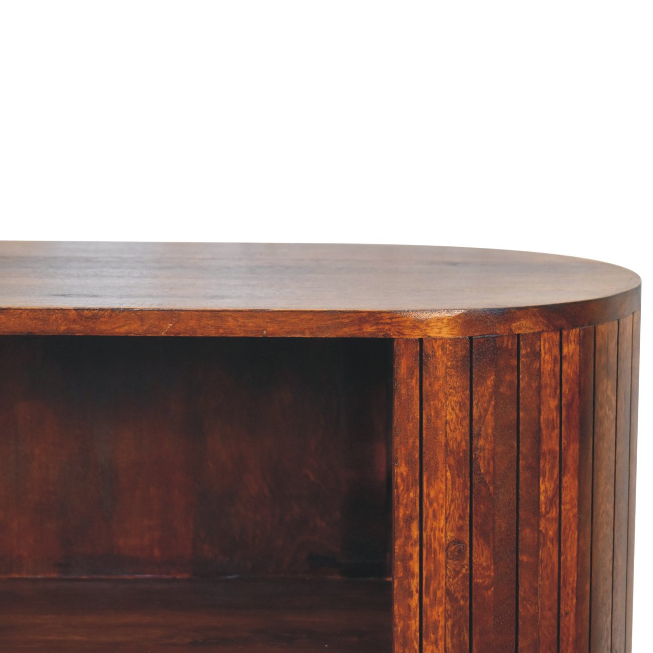 Cortez chestnut open cabinet with rich dark brown wood and curved top featuring vertical slat paneling