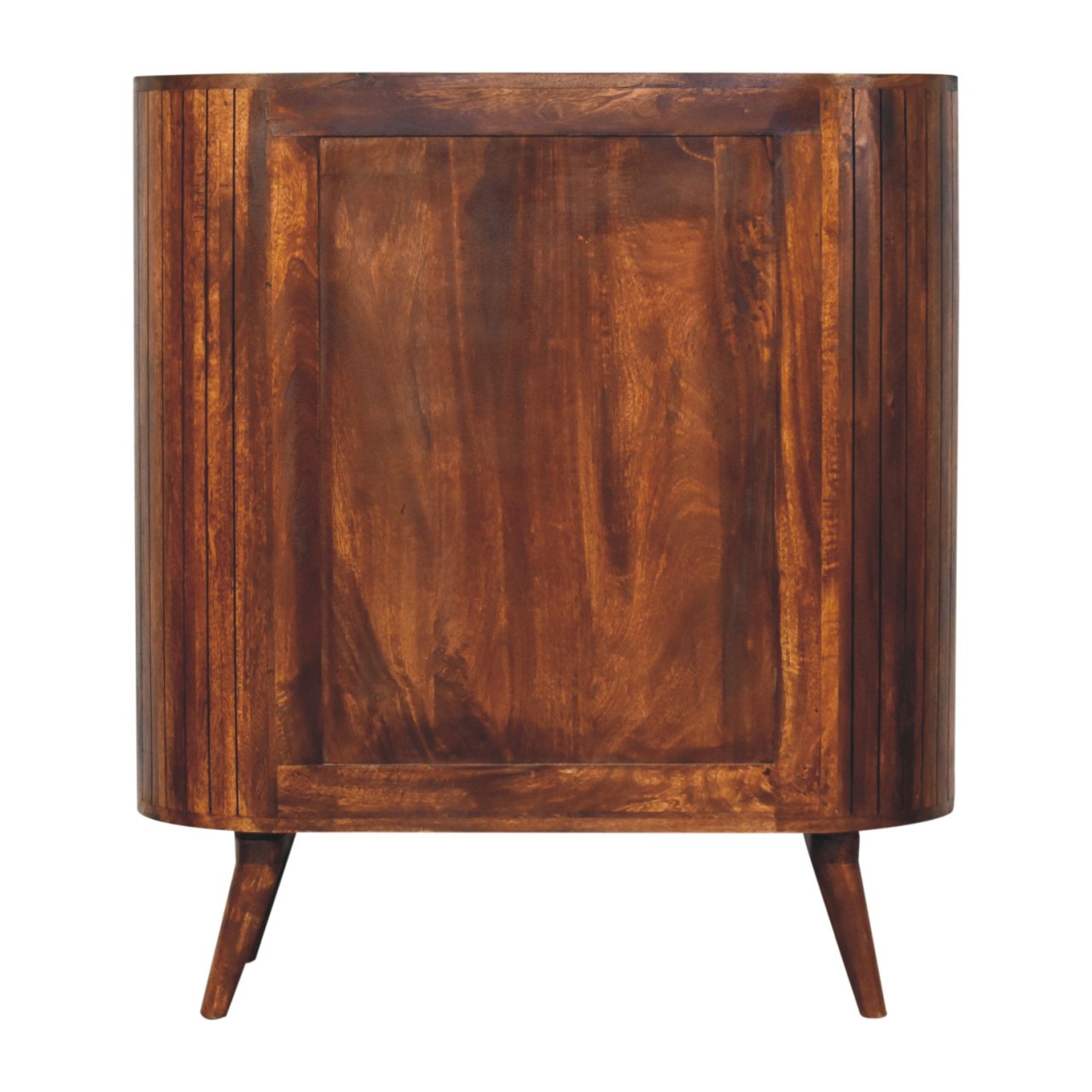 Rustic brown wooden cortez chestnut open cabinet with vertical slats and tapered legs for stylish storage
