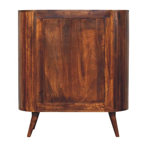 Rustic brown wooden cortez chestnut open cabinet with vertical slats and tapered legs for stylish storage