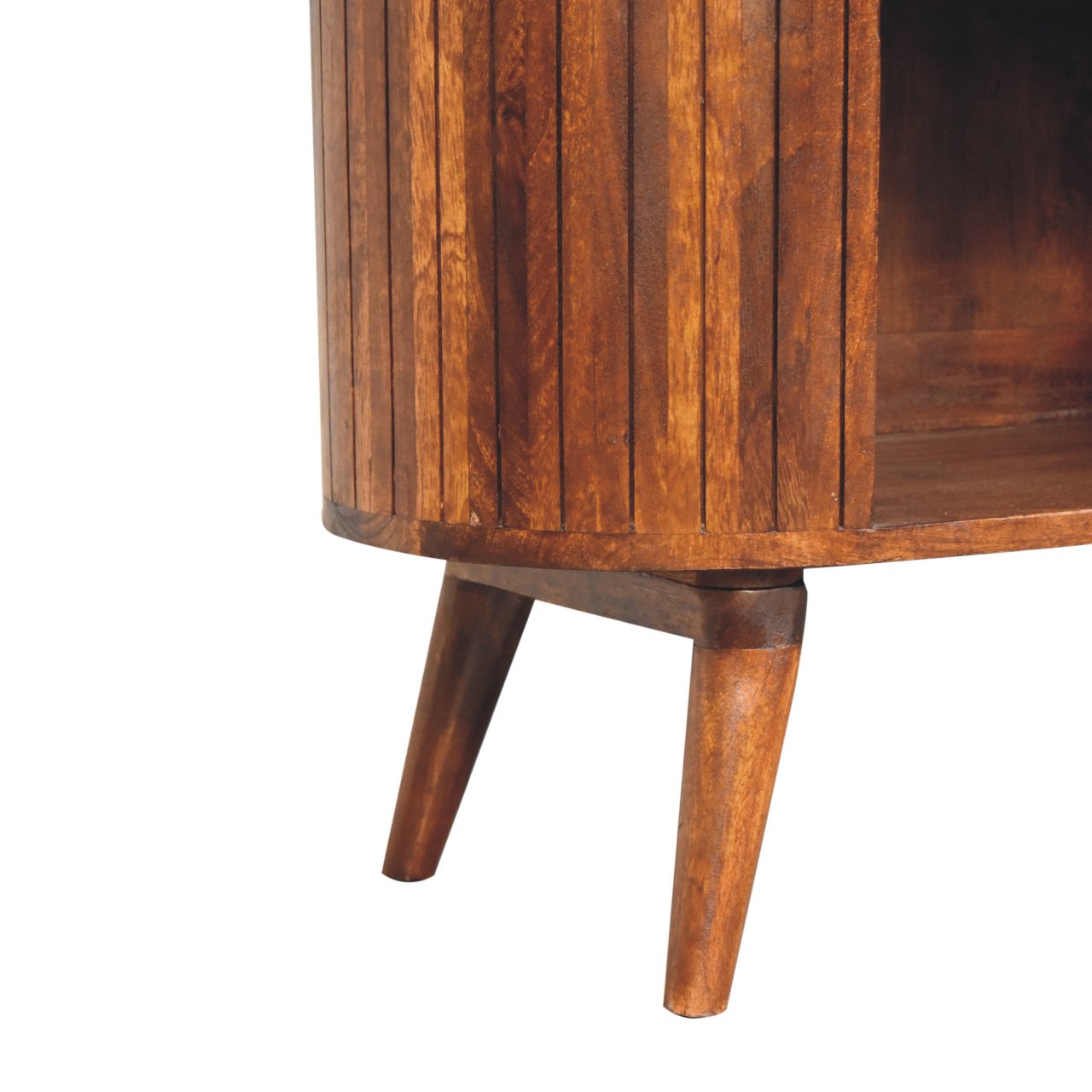 Warm brown wooden cortez chestnut open cabinet side table with vertical slats and tapered legs