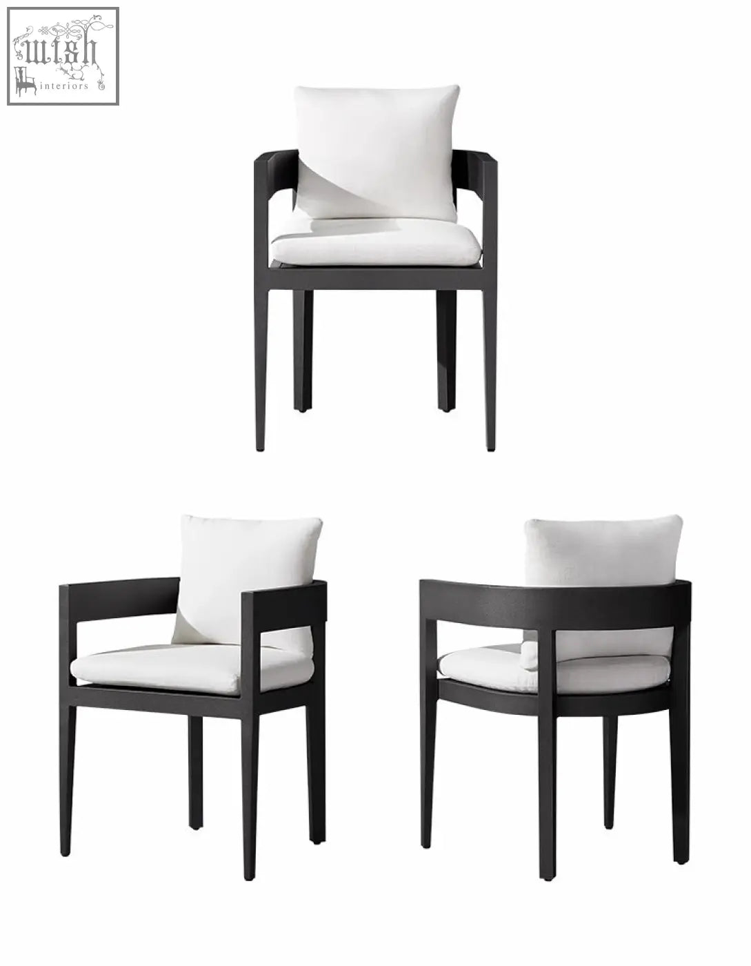 Black armchair with white cushioned seat and backrest from cortez outdoor dining table set for outdoor dining use