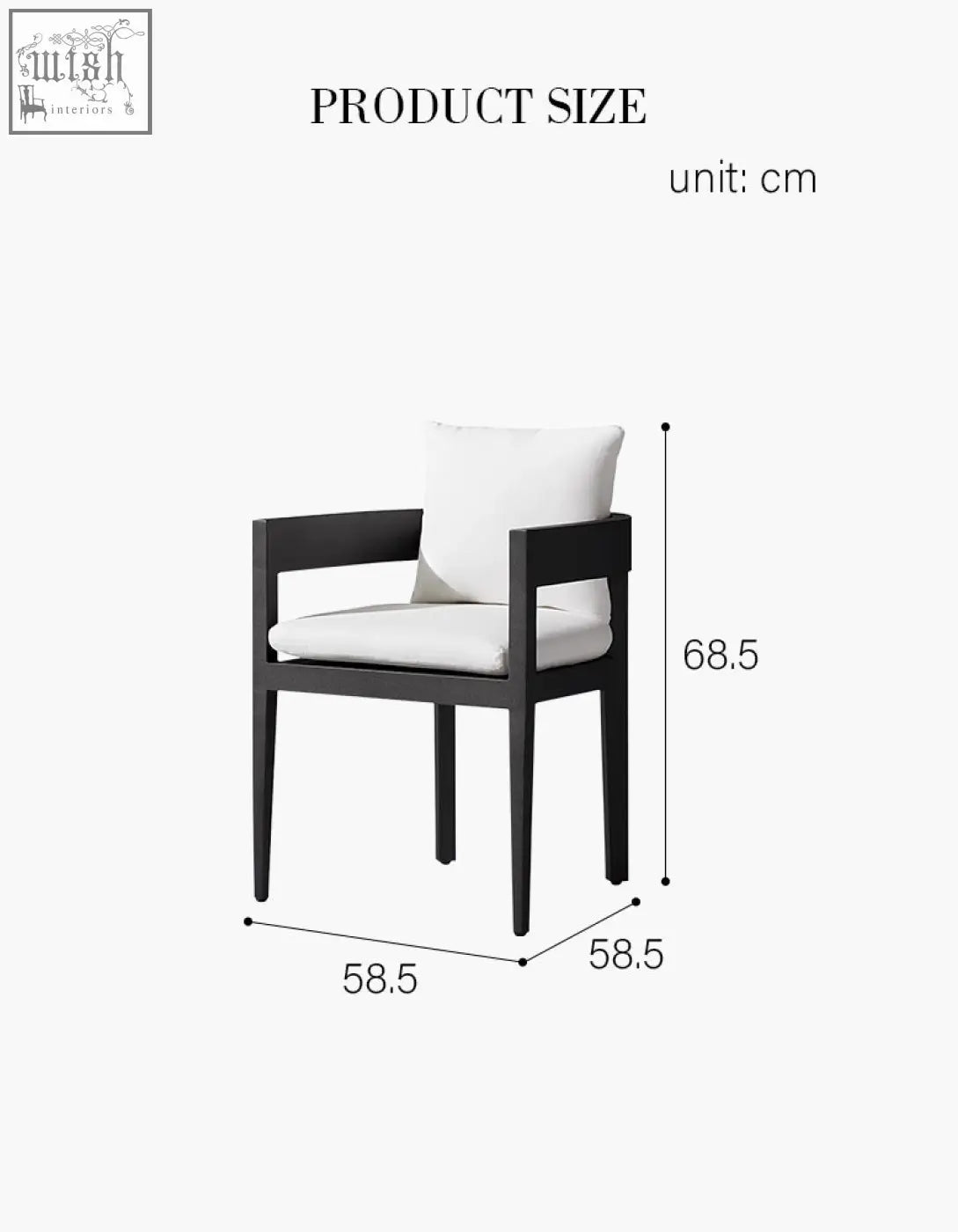 Black framed armchair with white cushions as part of cortez outdoor dining table set for outdoor dining use