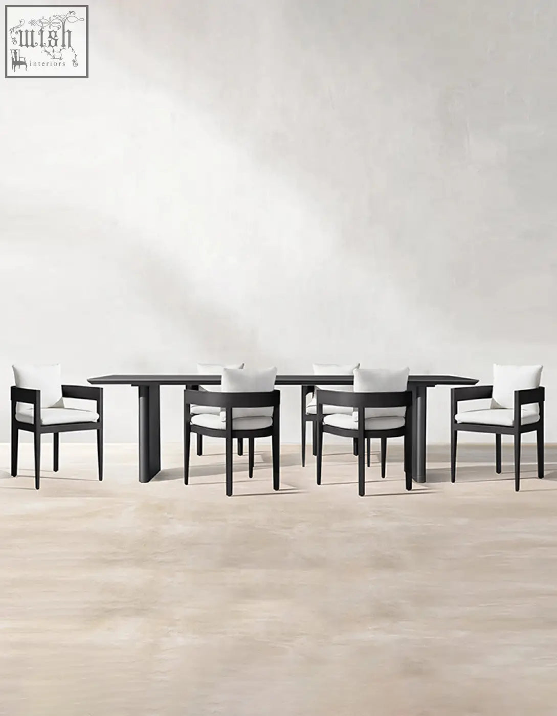 Modern black cortez outdoor dining table set with minimalist design and white cushioned chairs for outdoor dining