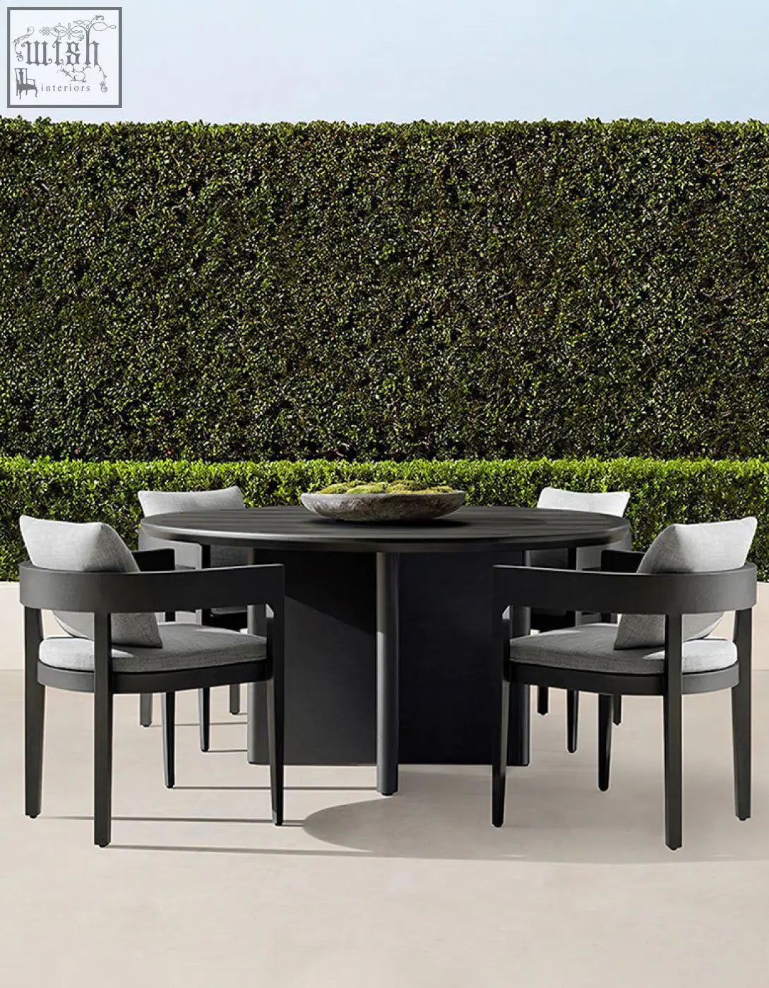 Modern black cortez outdoor dining table set with sleek design and gray upholstered cushions for outdoor dining