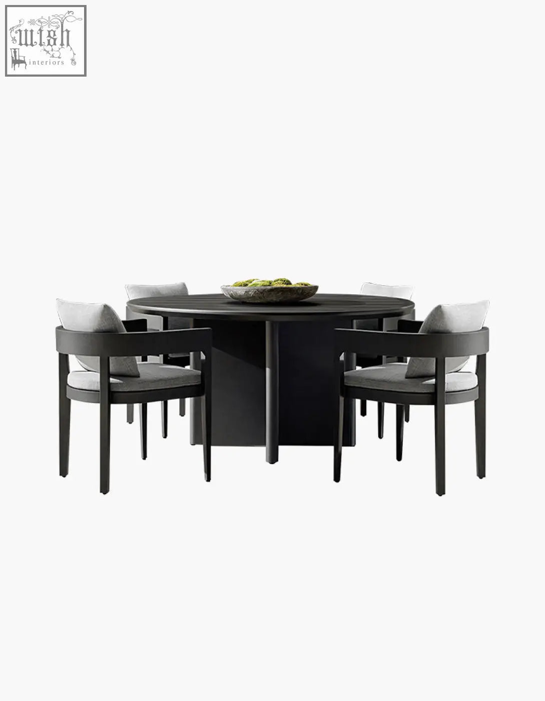 Black round cortez outdoor dining table set with minimalist design and light gray upholstered chairs for outdoor dining