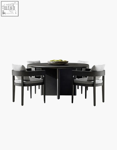 Black round cortez outdoor dining table set with minimalist design and light gray upholstered chairs for outdoor dining
