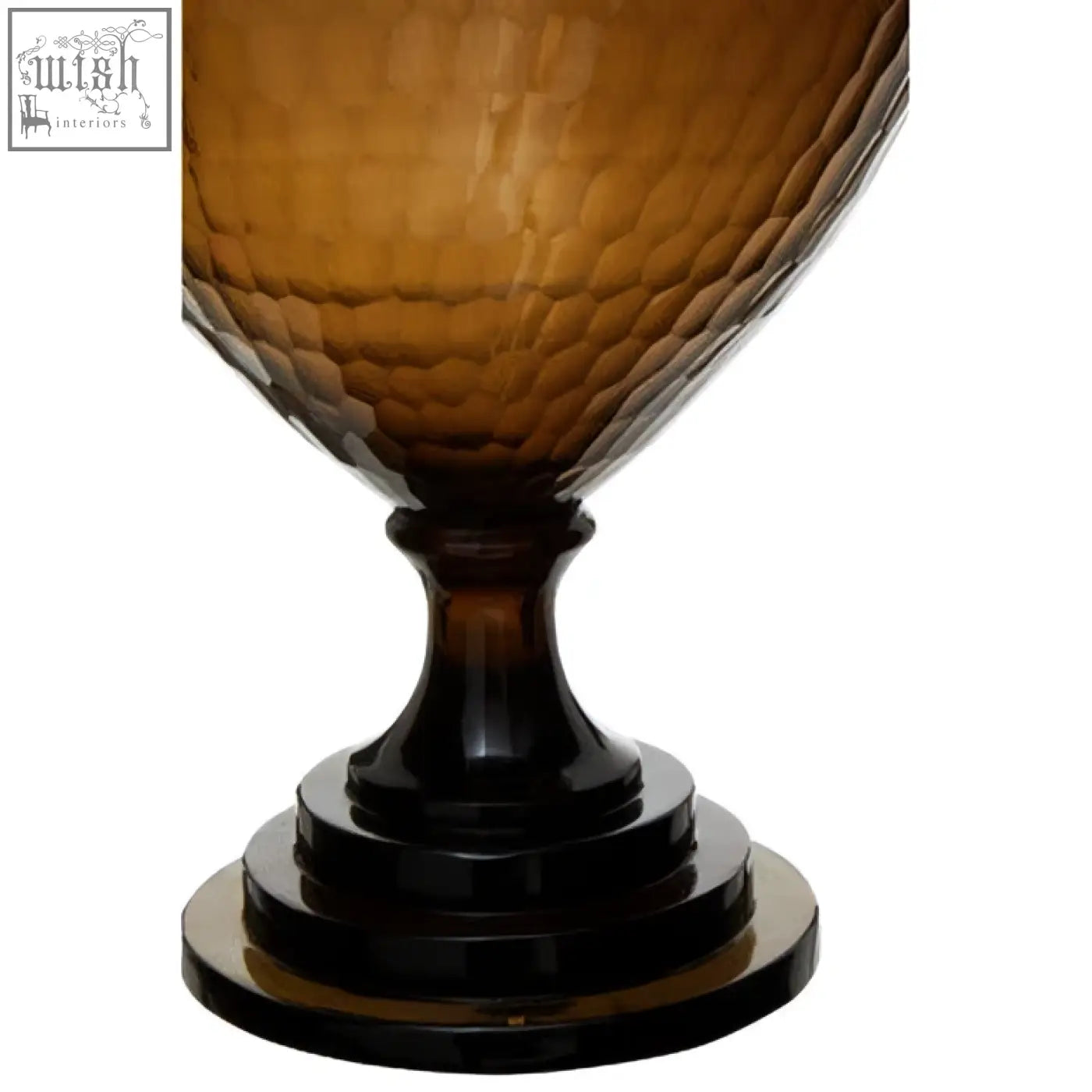 Amber-colored cortina large honeycomb glass candle holder with textured hammered surface and dark brown pedestal base