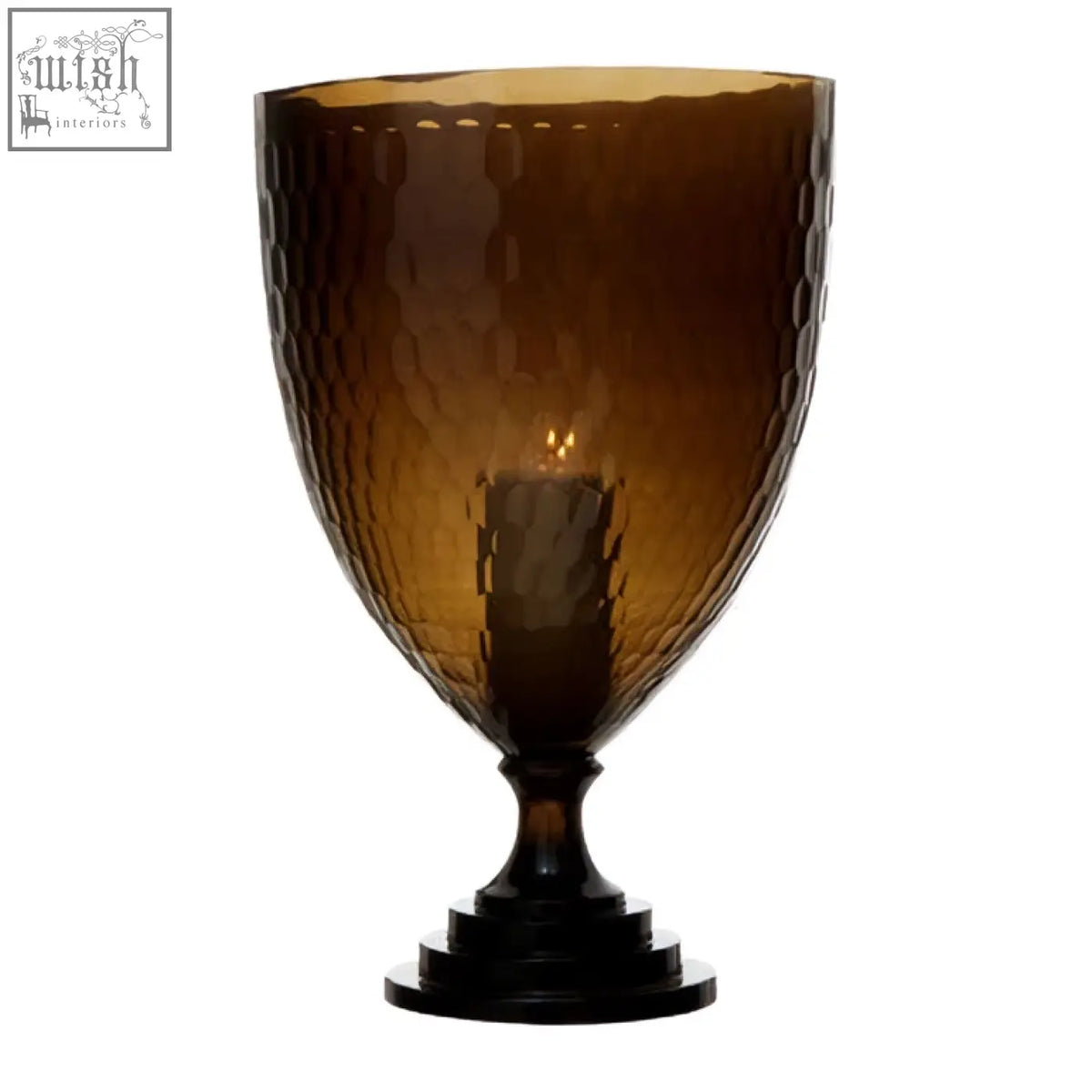 Amber-hued cortina large honeycomb glass candle holder with hammered texture and dark base for cozy decor