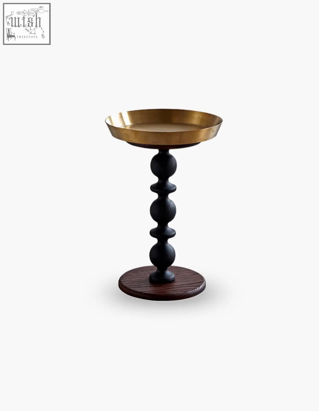 Cosmo round side table with a sleek gold tray top and dark wooden base featuring vintage charm and stacked spheres