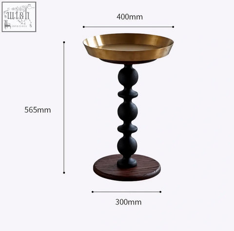 Cosmo round side table with a gold tray featuring a dark-stained wooden base for a delightful blend of style