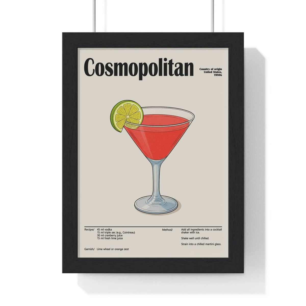 Black-framed cosmopolitan cocktail poster with stylized red cocktail and lime wheel garnish for modern bar wall art