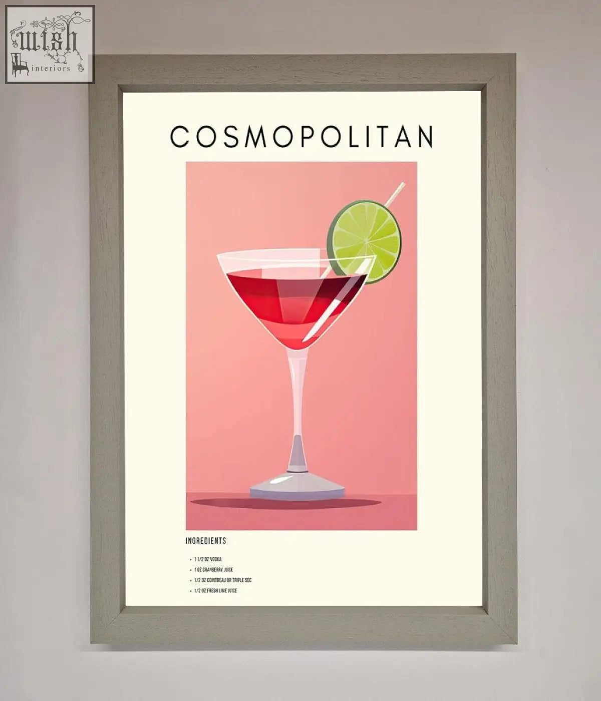 A cosmopolitan framed poster featuring a red cocktail in a martini glass with a lime slice garnish