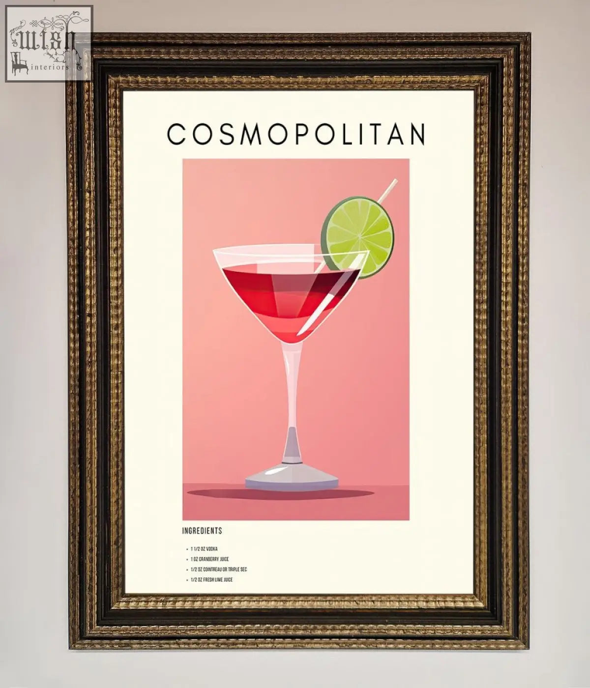 A cosmopolitan framed poster featuring a stylized red cocktail in a martini glass with a lime slice garnish